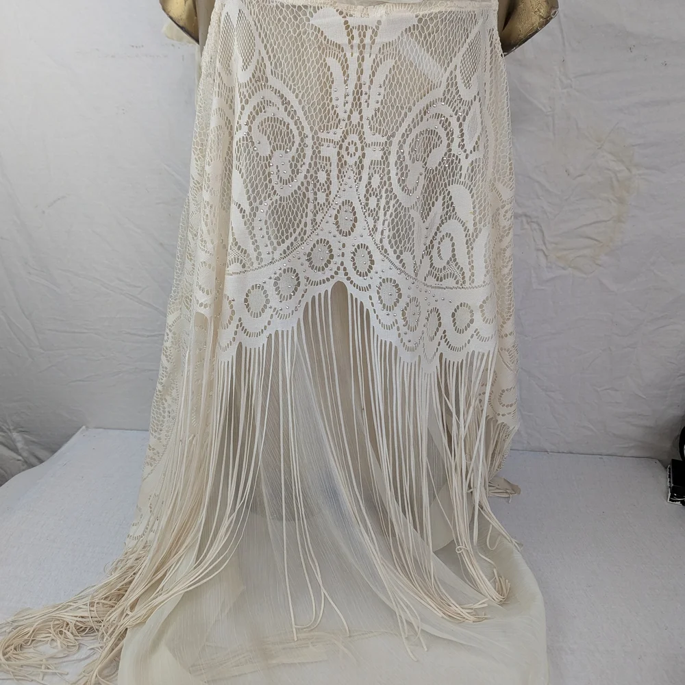 Pretty Angel Elegant Cream Sheer Duster Scarf w/Lace, Fringe & Bling Features OS